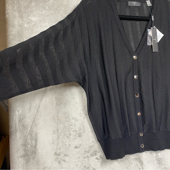 T Tahari Mesh Striped Button Front Knit Cardigan Sz S Black - Picture 4 of 9